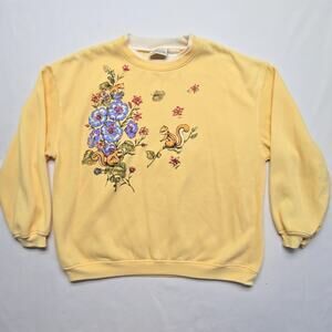 Vintage Squirrel Spring Floral Sweatshirt Yellow Graphic 90s Womens Large